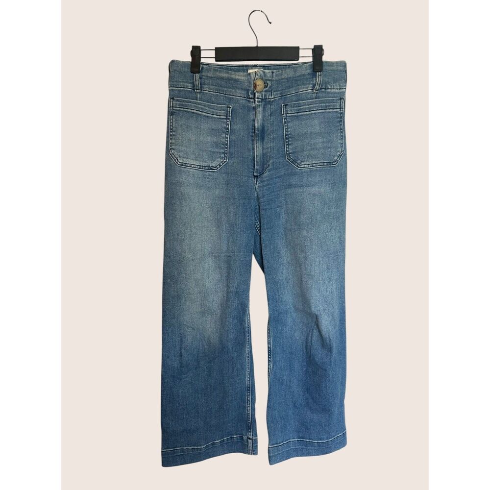 👖 ANTHRO MAEVE THE COLLETTE WIDE LEG HIGH RISE CROP LIGHT WASH "PALMS" SIZE 27 - Picture 3 of 8